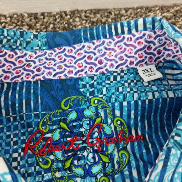 Robert Graham Shirt Paisley Plaid L/S Button Up Flip Cuff Blue Mens 2XL - Picture 6 of 12